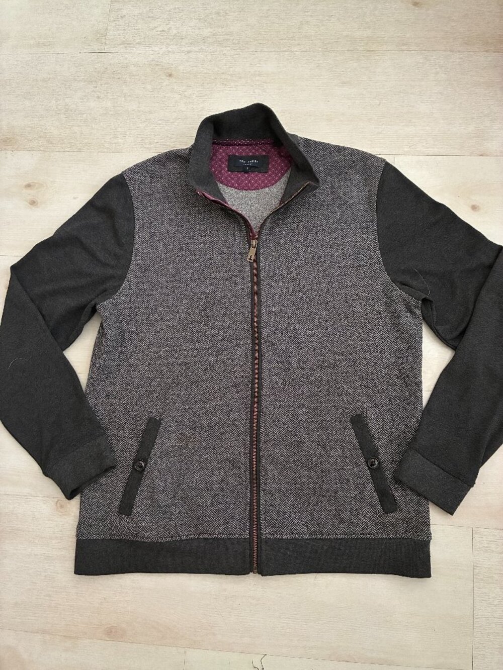 Ted Baker London Whooty Herringbone Full Zip Fleece Jacket Charcoal Gray Size XL